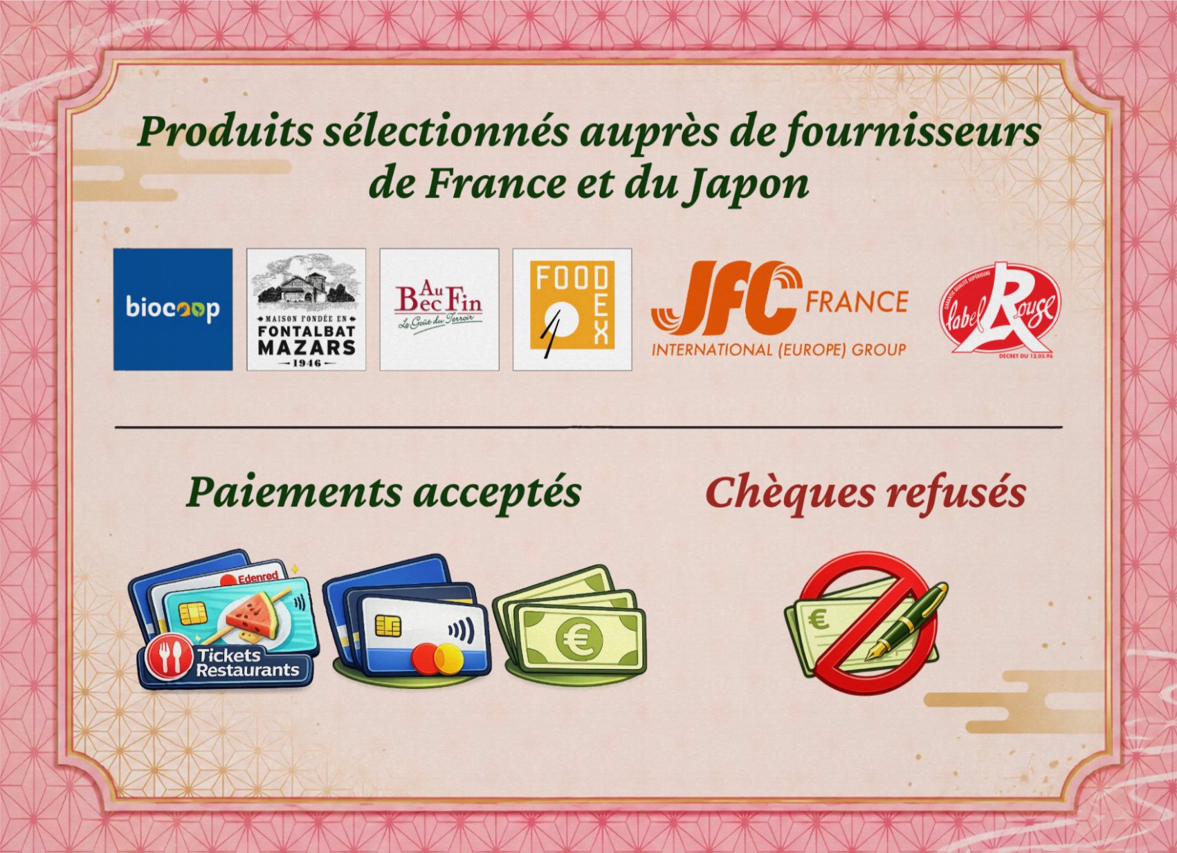 Moyens de paiement et origine des fournisseurs Bento Kanoya