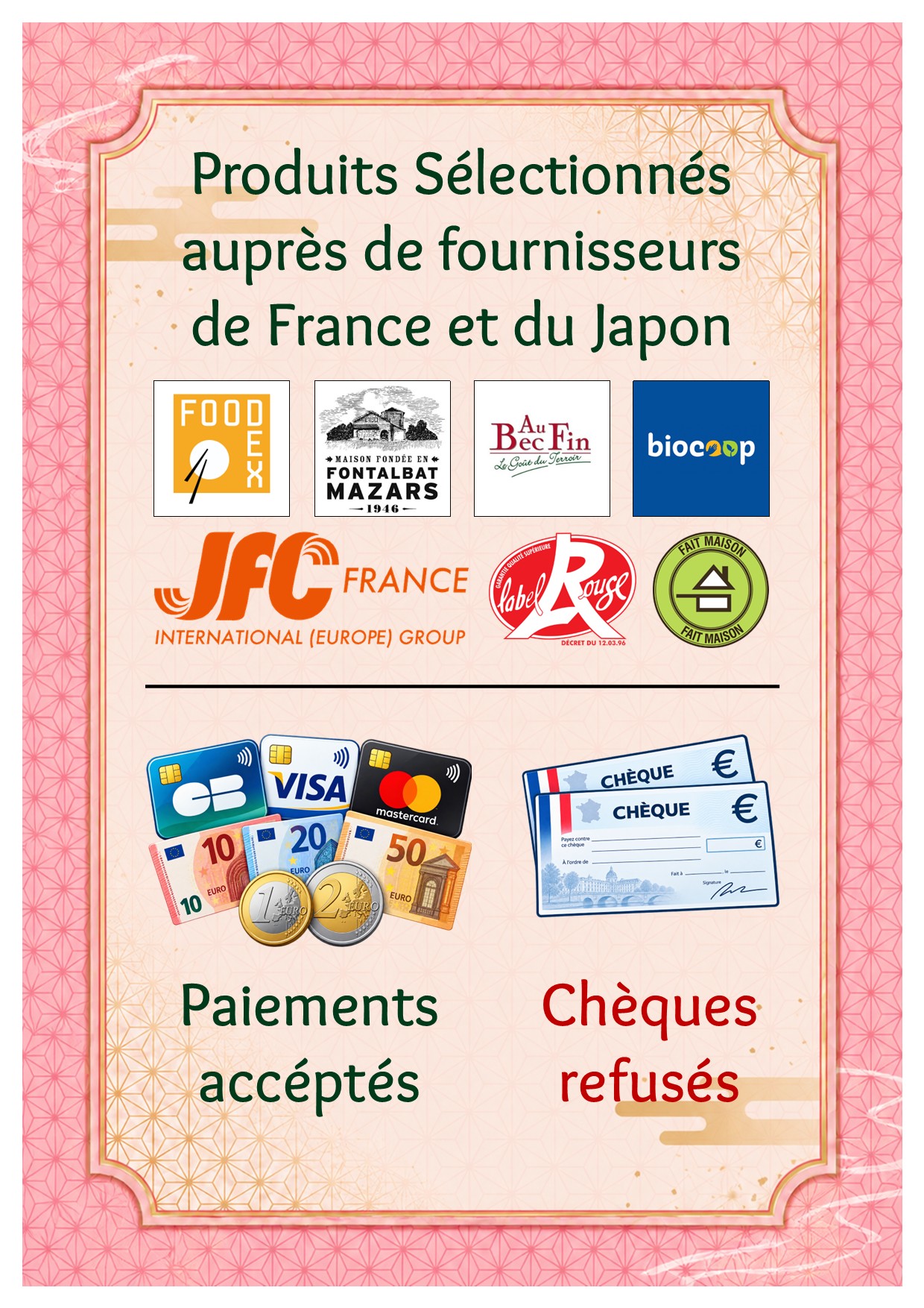 Moyens de paiement acceptés et fournisseurs Bento Kanoya