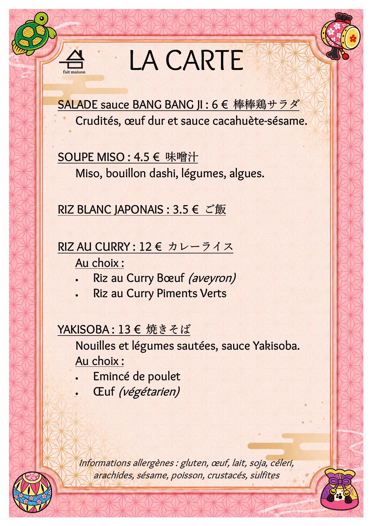 Carte Bento Kanoya avec tarifs