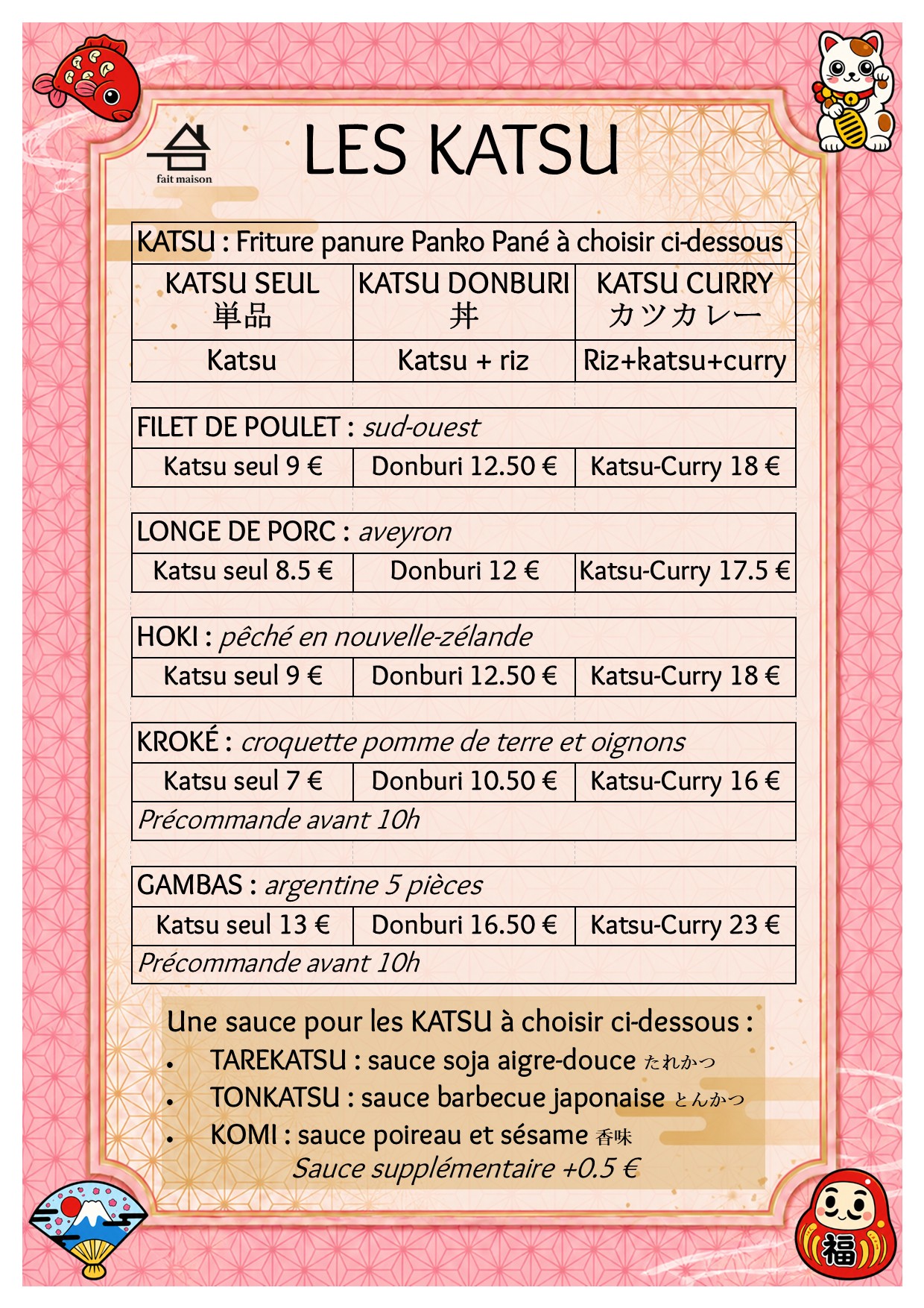 Menu Katsu Bento Kanoya avec tarifs