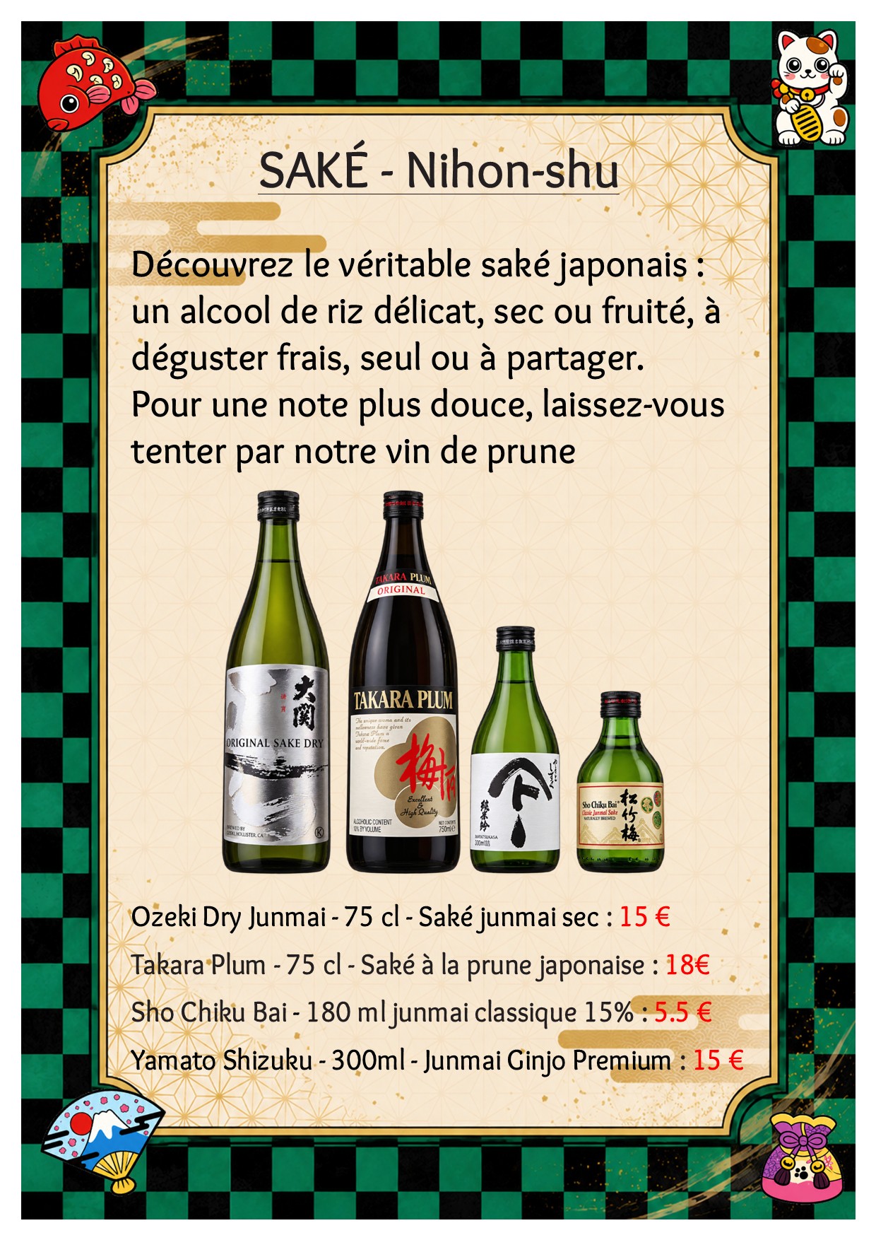 Menu sakés Bento Kanoya avec tarifs